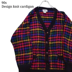 【90s】古着 レトロ ニットカーディガン チェック レディース古着 アクリル Hasting Smith