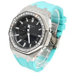 G-SHOCK GA2100 カスタム フロステッド バゲットCZベゼル ターコイズラバーバンド カシオーク ステンレス製 艶消しモデル Frosted Edition CASIOAK GOLD【ショールーム展示品】