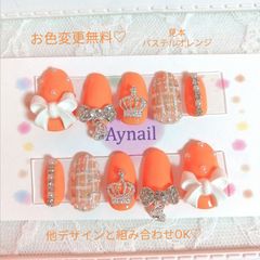 ネイルチップ　量産型推しネイル　フリルツイードオレンジ 今までオーダー頂いた オレンジ系のネイルの一部です(⸝⸝ ´𐋣