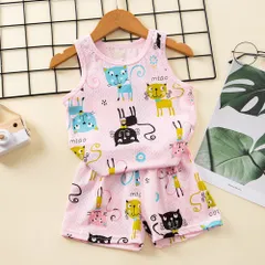☆ ネコ ☆ 110cm ☆ 子供服 narunner001 パジャマ キッズ 上下セット 夏 ルームウェア ノースリーブ 半ズボン 短パン 上下 セットアップ 子供服 ベビー 子供 メッシュ こども 子ども 通気性 さらさら 女の子 男の子