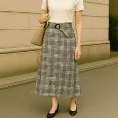 【美ライン×上品チェック✨】TONAL＊トーナル＊ミモレ丈ロングスカート＊ベルト付き＊Sサイズ相当🪻