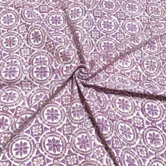【50cm単位】ホワイトパープルサークルフラワー　インド　テキスタイル　ブロックプリント　コットン　生地