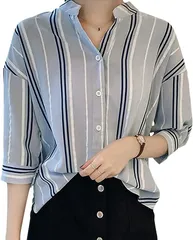 BLANK BLANC ストライプシャツ ブラウス レディース 5分袖 キーネック シフォン( ブルー,  XL)