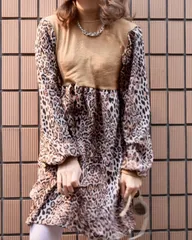 【High Grade Products】Knit&Leopard Onepiece (beige)