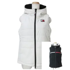 トミーヒルフィガー TOMMY HILFIGER GOLF リバーシブル 中綿 フリース ベスト ジャケット ゴルフウェア ジップアップ フード ワッペン ロゴ刺繡 L 白 黒 赤 ■GY09 X