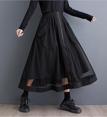 モード系  マキシスカート レディース Aライン ジップ付き カジュアル 大きいサイズ チュールスカート ふんわり 着痩せ ウエストゴム 原宿系 地雷系