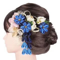 髪飾り 成人式 水引 つまみ細工 ゴールド 振袖 前撮り 袴 花 葉 青 紺 ネイビー 水色 ピンク 白 生成 緑 薄黄色 藤下がり 組紐 No.9-5562