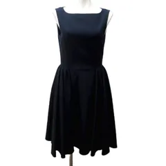 フォクシーニューヨーク FOXEY NEW YORK 美品 ワンピース ドレス サイドギャザー ウエスト切替 フレア ノースリーブ ひざ丈 38 約S 紺 ネイビー 38283 IBO79 0906