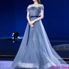 カラードレス カクテルドレス ブルー 青 ロングドレス パーティードレス ウエディングドレス 発表会 演奏会 ステージドレス 二次会 コンクール ふわふわ シフォン オフショルダー 1383