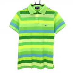 【超美品】パーリーゲイツ 半袖ポロシャツ ライトグリーン×イエロー×ブルー ボーダー  レディース 2(L) ゴルフウェア PEARLY GATES