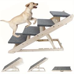 犬用スロープ ペット階段 2 in 1 デュアルユース 折りたたみ式 フットレスト 6段階高さ調節 木製 滑り止め 組み立て不要 収納簡単 持ち手付き 小型 大型 猫 犬 屋内 屋外 ランプ (L-デュアルユース)