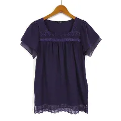 コンフォートベーシック Comfort Basic カットソー ブラウス 花柄 レース 刺繍 切り替え ギャザー プルオーバー シフォン ティアード 半袖 M 紫 パープル
