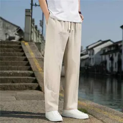 種類34：2XL/G：ネイビーブルーカーキ メンズ ファッション 服 男性用 オシャレ シンプル 大人 かっこいい 大きいサイズ ストリート 紳士服 リネン パンツ 夏 レトロ ストレート コットンリネン カジュアル ストレッチ ウエスト ワイド レッグ