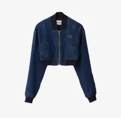 miumiu ノーカラーGジャン デニムジャケット ミュウミュウ 新品 Miu Miu ロゴ デニムジャケット | ブルー | FARFETCH JP