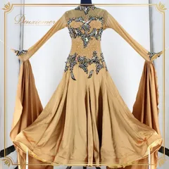 社交ダンス 衣装 スタンダード ドレス スタンダードドレス ワンピース 茶色 ベージュ フリル 光沢 高級感 上品 デモ 競技 ダンス ブラウン系 大人っぽい おしゃれ 2枚重ね Mサイズ 落ち着いた色 フォーマル コスチューム パーティ 発表会