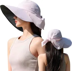 Vivrella 日よけ 帽子 つば広 遮光 紫外線 UVカット 日焼け防止 あごひも サンバイザー(ピンク)