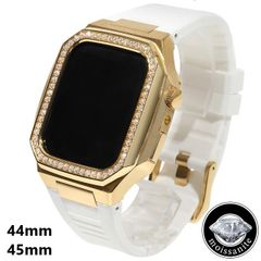 モアサナイト アップルウォッチケース 44mm/45mm シリーズ4/5/67/8/9 モアサナイトベゼル ホワイトラバーバンド カスタムバックル ゴールド ステンレススチール ラグジュアリー