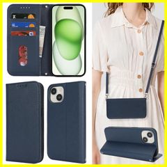 【在庫限定】耐衝撃 15 iphone スマホケース レザー 耐久性 マグネット式 手帳型 手帳型 ショルダー ショルダー 耐摩擦 ケース ケース ケース いphone15 スタンド機能 -ブルー カード収納 ストラップ アイフォン15 iphone15 【H