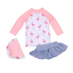 Hkyna キッズ 水着 女の子 スイムウエア 帽子 女子 セパレート 長袖 ラッシュガード フラミンゴ