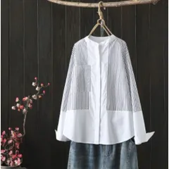 ☆ ホワイト ☆ シャツ チュニック ストライプ レディース シャツ チュニック ストライプ レディース ブラウス ワイシャツ シャツブラウス シャツチュニック 長袖シャツ Yシャツ カジュアルシャツ スタンドカラー ゆったり 体型カバー ナチュラル