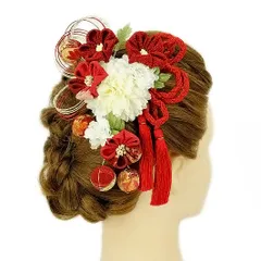 髪飾り 成人式 つまみ細工 水引 赤 振袖 前撮り 袴 浴衣 夏祭り 花火大会 2点セット 白 ちりめん 玉飾り 房付き 組紐 和柄 ヘ No.9-3547