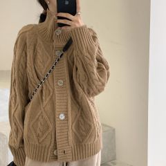 ☆ カーキ ☆ ニットカーディガン ハイネック mmcdg803b ニット カーディガン ハイネック ニットカーディガン 羽織り 羽織 長袖 厚手 ボタン カジュアル 秋 冬 レディース 婦人服 アウター おしゃれ 防寒対策 通勤 通学