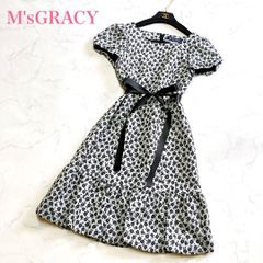 美品✨エムズグレイシー ワンピース 花柄 モノトーン リボン ひざ丈 38