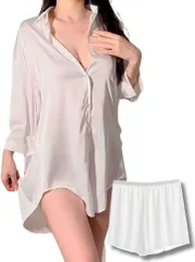 RENASYS パジャマ レディース ショートパンツ サテン 長袖 上下 ルーム ウェア ワンピース セット アップ(ホワイト,  L)