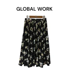【新品タグ付き】 GLOBAL WORK グローバルワーク　花柄　ミモレ丈　プリーツスカート　M　黒
