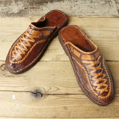 80s 90s 編み込み レザーサボサンダル 26-27cm相当 ブラウン アメリカ古着　061125ss82