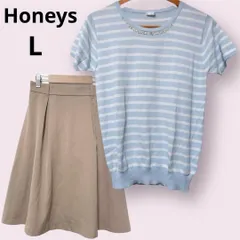 ハニーズ ボーダー カットソー 半袖 水色 ブラウン ミニフレアスカート セット