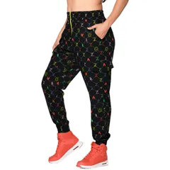 ブラック_L [ZUMBA WEAR] [ズンバウエア] トラックパンツ ハイウエスト フィットネス プリント柄 Z1B000217 Lサイズ ブラック