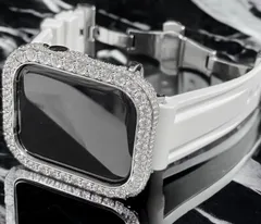 超高級大粒シルバー×ホワイト★AppleWatchキラキラケース　カバー　アップルウォッチ　ラバーバンド　ベルト　38mm41mm 42mm  45mm