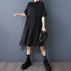 モード系  モノトーン  ドット  メッシュ  レイヤード  ハーフスリーブ  ミディシャツドレス  個性的なデザイン