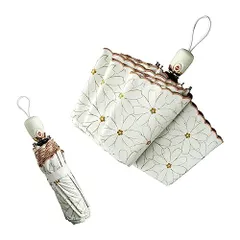 ホワイト花柄 日傘 レディース 折りたたみ傘 uvカット 100 遮光 遮熱 ワンタッチ自動開閉 軽量 晴雨兼用 8本骨 丈夫 防風防水 三段折り 持ち運び便利 コンパクト 収納ポーチ付き (ホワイト, 花柄)