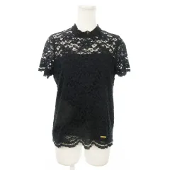 ブルーレーベルクレストブリッジ BLUE LABEL CRESTBRIDGE 総レースブラウス ハイネック 半袖 透け感 ロゴプレート 38 M 紺 ネイビー /AO18 ■GY19