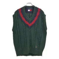 90年代 TOMMY HILFIGER トミーヒルフィガー ケーブルニット コットンベスト グリーン(メンズ XL)中古 古着 U9118
