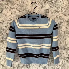 よっぴー様専用　美品　TOMMY HILFIGER　トミーヒルフィガー　ニット　セーター　丸襟　長袖　総柄　ボーダー　薄手　春　秋　冬【size S/4-5】　ブルー　青　ライトブルー　水　ホワイト　白　ネイビー　紺