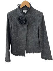 Z1504【美品】HANAE MORI international ハナエモリ　ツイードジャケット　花ブローチ　フリンジ　ブラック　レディース　サイズ40