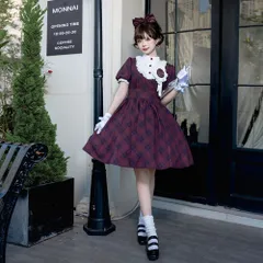 大人気 ロリータ 赤×黒 チェック柄 ひざ丈ワンピース 円形スカート