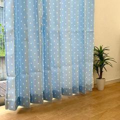 【キズ有】非遮光カーテン ドレープ　2倍ヒダ　水玉柄　ブルー　巾93cm×丈185cm　2枚組