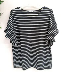 [GLACIER] グラシア 半袖 Tシャツ レディース カットソー フレアースリーブ 黒白ボーダー 古着 ブラック ホワイト サイズLL（い-91 ， シ）