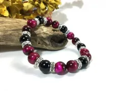 ピンクタイガーアイ×オニキス パワーストーン ブレスレット 天然石  10mm（シルバー）メンズ・レディース 男性・女性 数珠ブレス 開運   [c]