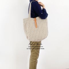 ⭐️7点売れました⭐️ リネン ストライプ ベージュ ナチュラル ヌメ革 (中) トートバック