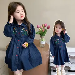 子供服 ワンピース 長袖 子供服 女の子  デニム ワンピース 花刺繍 ワンピース  キッズ 女児 小学生 キッズ 可愛い おしゃれ カジュアル   90cm 100cm 110cm 120cm 130cm  140cm jinrui18