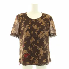 インゲボルグ INGEBORG カットソー ブラウス ラウンドネック 半袖 花柄 リボン レース ピンタック S 茶 ブラウン /YT