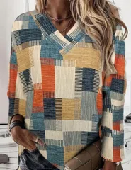 【新品】レディース チェック柄プリントVネック長袖Tシャツ【L】