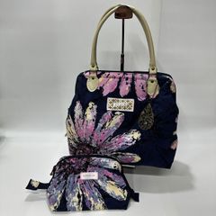 ★-32 CHÉIR ハンドバッグ ポーチセット 持ち手レザー 大きい花柄 内側キルティング お揃いポーチ 濃紺 レディース