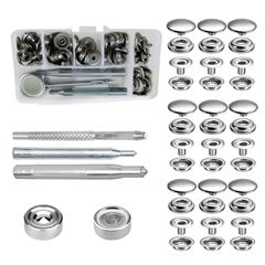 【在庫処分】メタルボタン ツール付き 4種類 レザークラフト 工具 ステンレス鋼 ファスナー 15mm 手作 ジャケットアクセサリー/財布/キーケース 18セット リベットクラフト生地の服 縫製用 ジャンパーホック 収納ケース付き（シルバー）