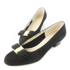 サルヴァトーレフェラガモ Salvatore Ferragamo BOUTIQUE VARA パンプス ローヒール アーモンドトゥ レザー 革 スエード ヴァラリボン ロゴ 6.5 23.5cm 黒 ブラック /CK7 ■GY18